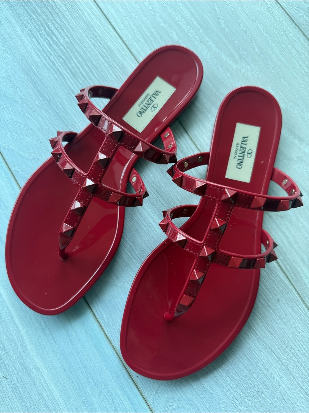 Valentino Red Rockstud Jelly T-Strap Sandals